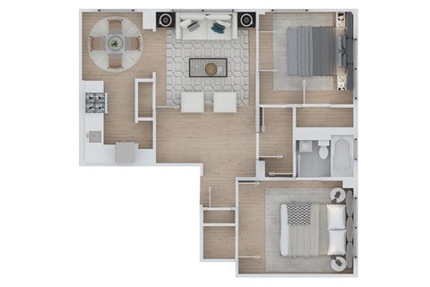 Floor plan for 2 beds, 1 bath, 950 sqft